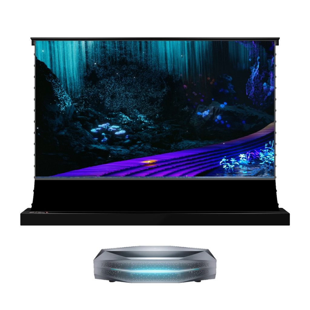 「AWOL Vision Aetherion Max RGB レーザー 4K UST プロジェクター」と「VIVIDSTORM S PRO 電動式フロア昇降型 CLR/ALR プロジェクタースクリーン」のセット