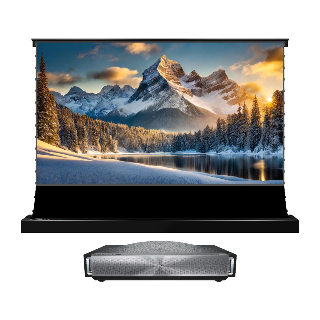 セット商品：Hisense PX4 Pro 4K USTプロジェクターと、VIVIDSTORM S PRO 電動式フロアライジング型 CLR/ALR プロジェクタースクリーン