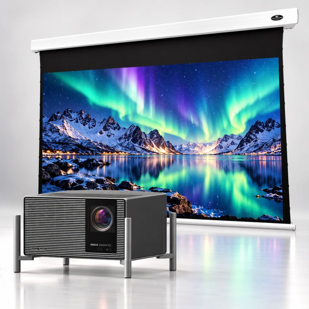 BUNDLE XGIMI TITAN Noir Max 4K RGB Laser Projector with VIVIDSTORM Cinematic White Motorised Drop Down Projector Screen